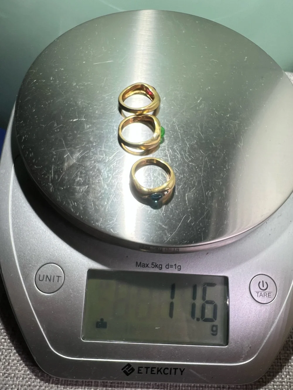 18K gold electroplate Trio Multi-Stone Cocktail Rings - Red Blue Green